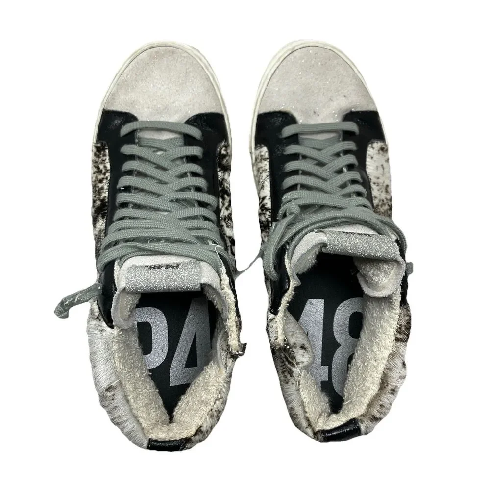 P448 Pony Hair High Tops Womens 8 Cowhide Zip Sneakers Streetwear Luxe Casual‎